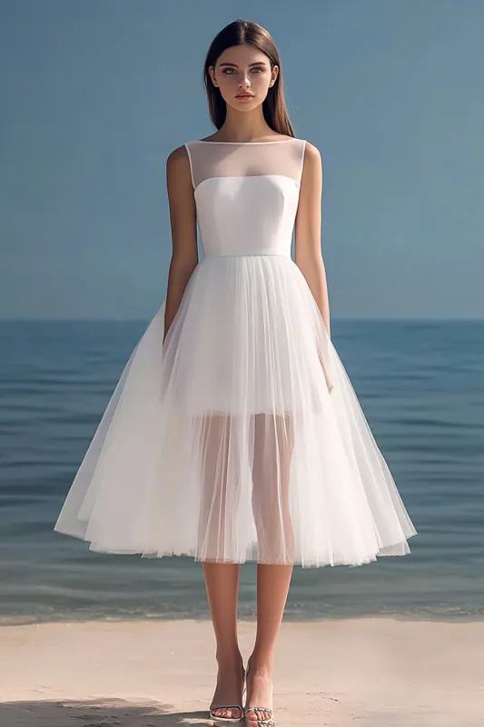 A-Line Illusion Neck Sleeveless Tulle Tea Length Little White Graduation Dress sold by Zapaka
