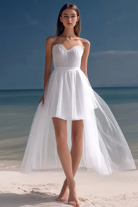 Strapless A-Line High Low Little White Graduation Dress sold by Zapaka