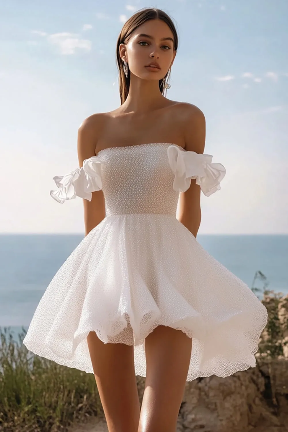 Sparkly A-Line Ruffled Off the Shoulder Sequins Little White Graduation Dress sold by Zapaka