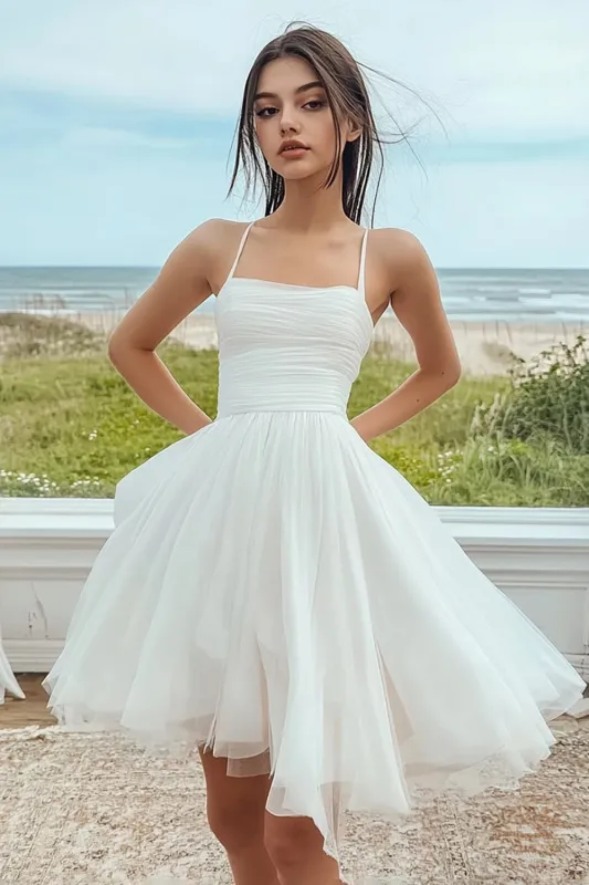A-Line Spaghetti Straps Tulle Ruched Little White Graduation Dress sold by Zapaka