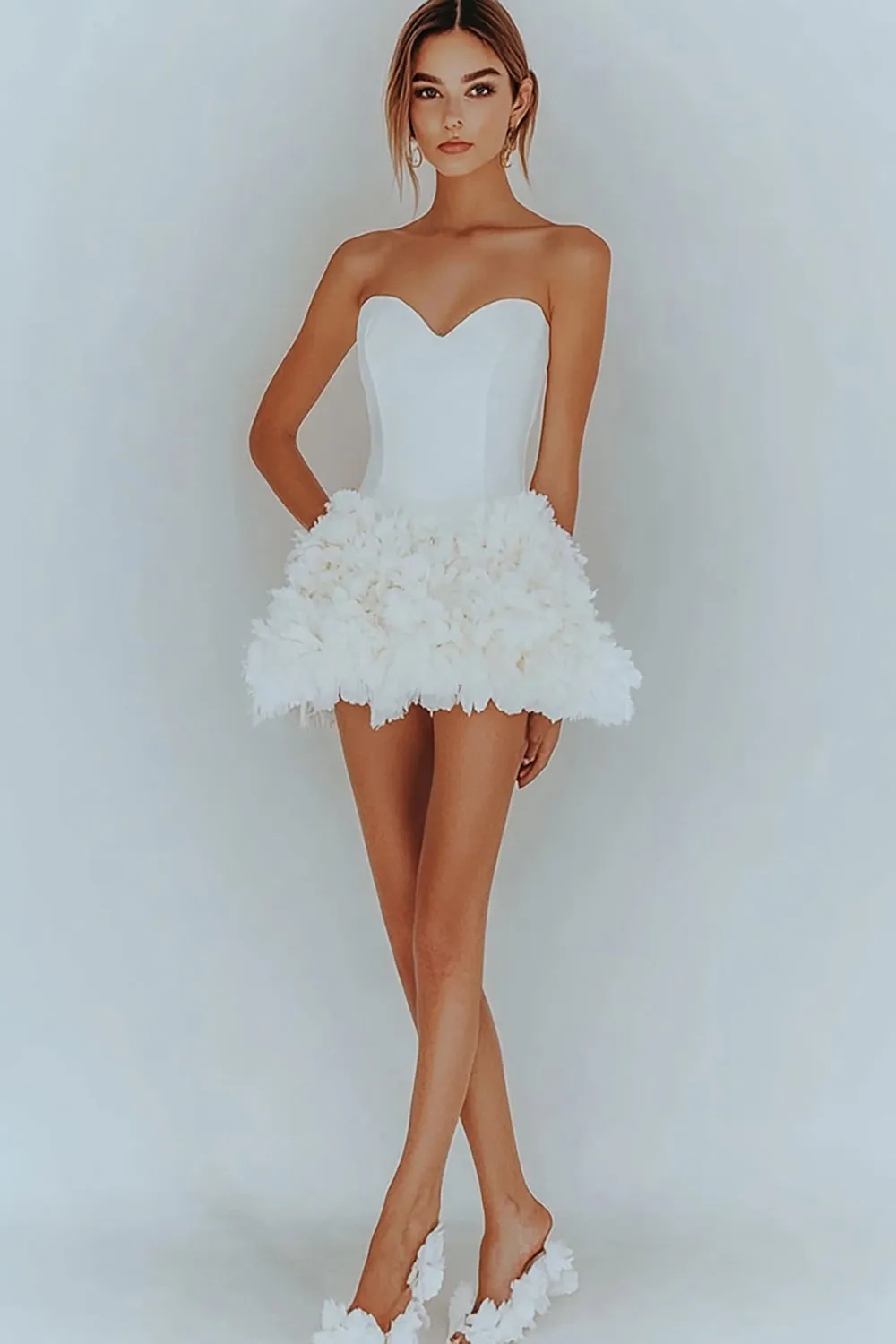 Strapless White Ruffled A Line Satin Graduation Dress sold by Zapaka