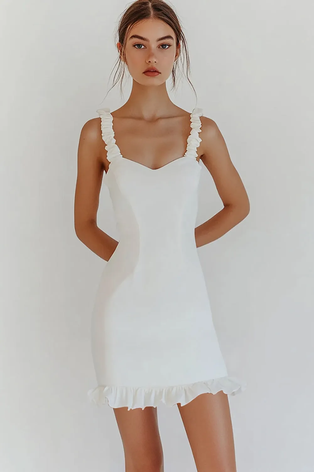 Chic Bodycon Ruffled White Graduation Dress sold by Zapaka