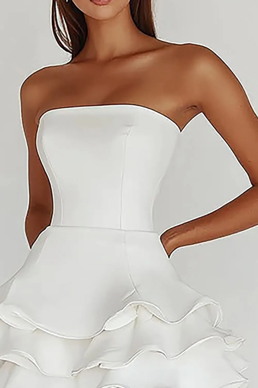 White Strapless A Line Tiered Matte Satin Graduation Dress sold by Zapaka product image thumbnail 3