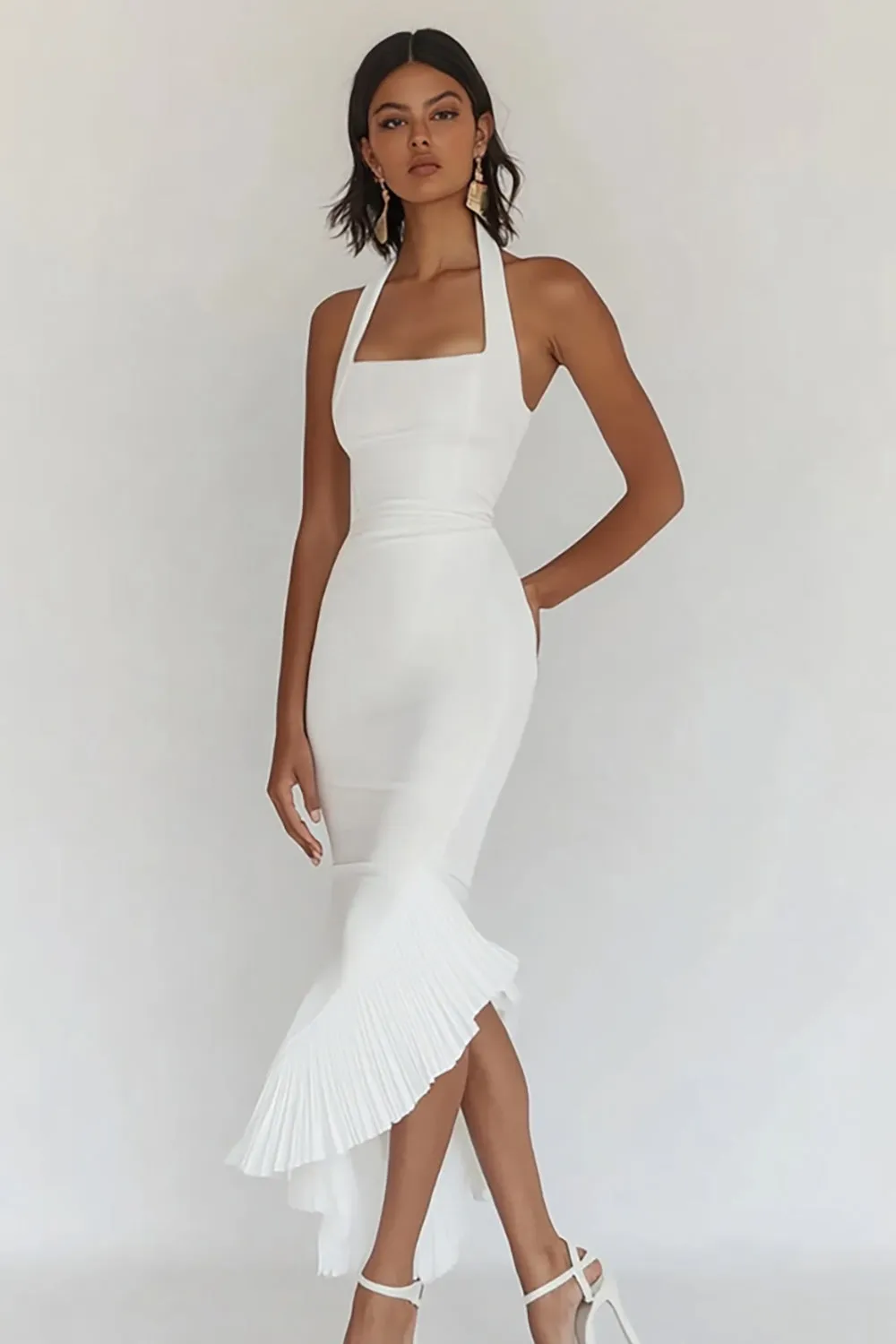 White Halter Mermaid Pleated Party Dress sold by Zapaka