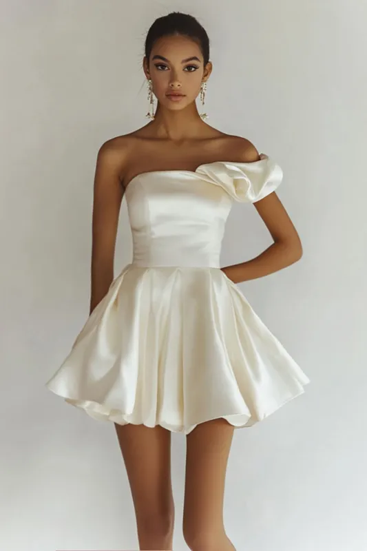 Chic White One Shoulder Ruffle Satin Graduation Dress sold by Zapaka