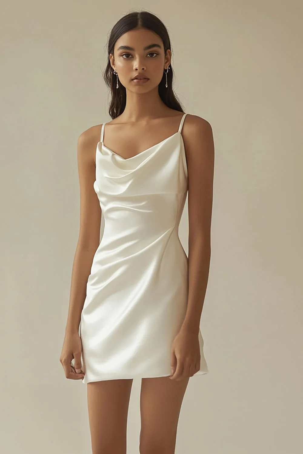 Cowl Neck Satin Short White Graduation Dress sold by Zapaka