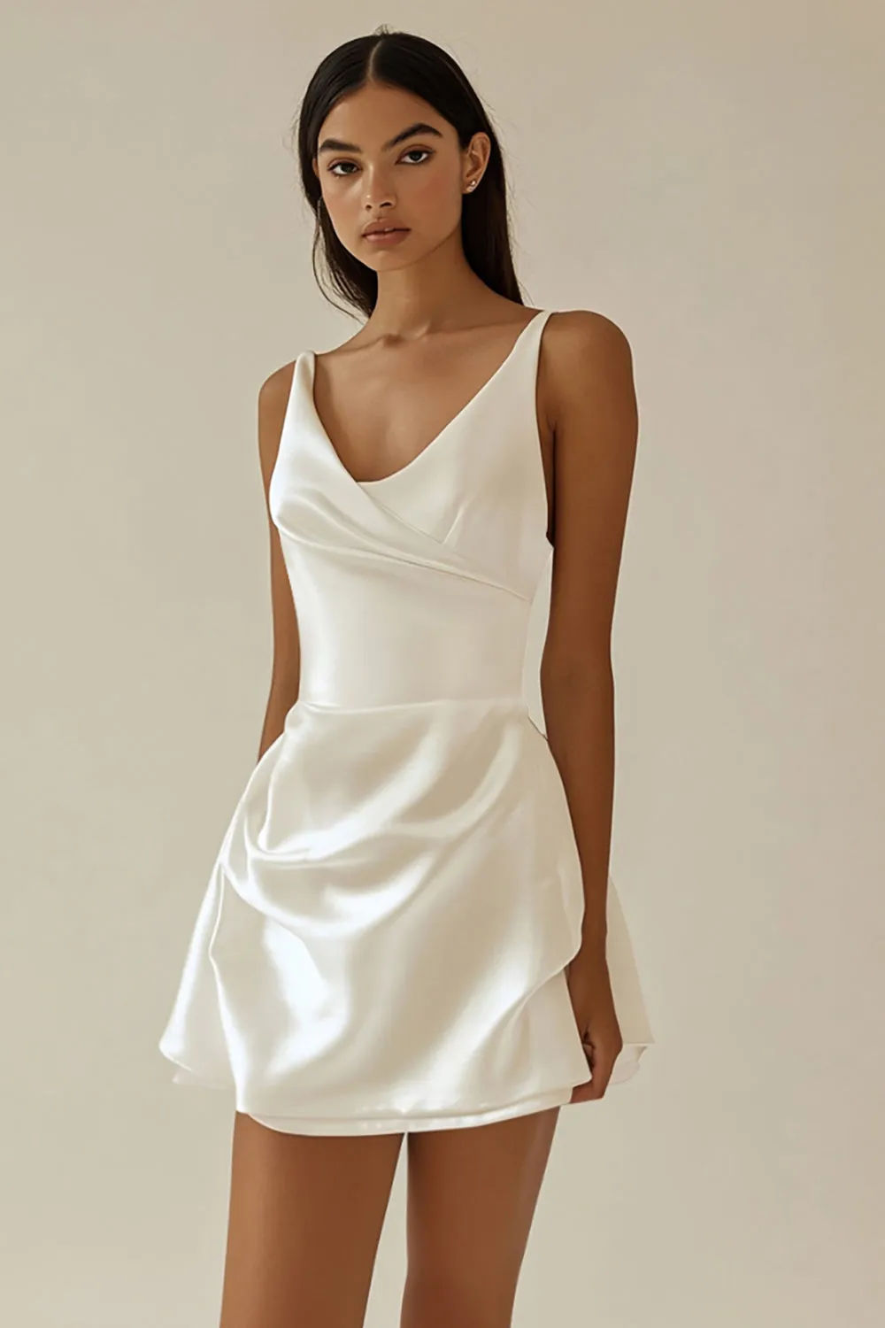 A Line Satin White V Neck Graduation Dress sold by Zapaka