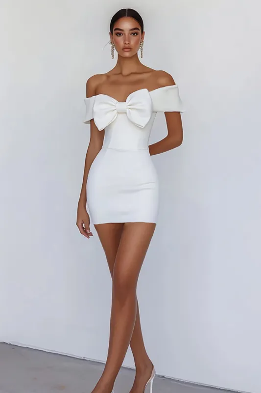 Off the Shoulder Bodycon White Graduation Dress with Bow sold by Zapaka