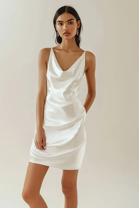 White Satin V Neck Graduation Dress sold by Zapaka
