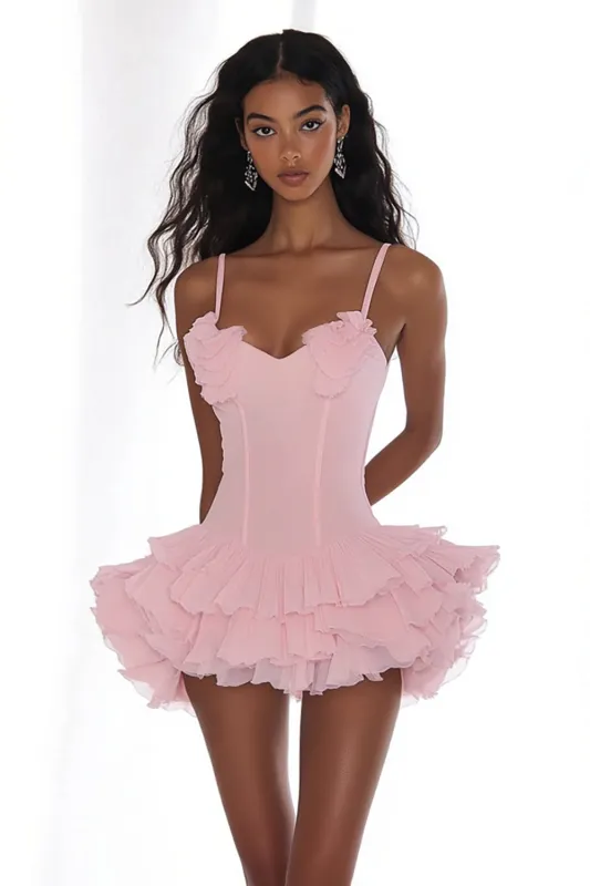 Pink A Line Spaghetti Straps Ruffles Chiffon Short Graduation Dress sold by Zapaka