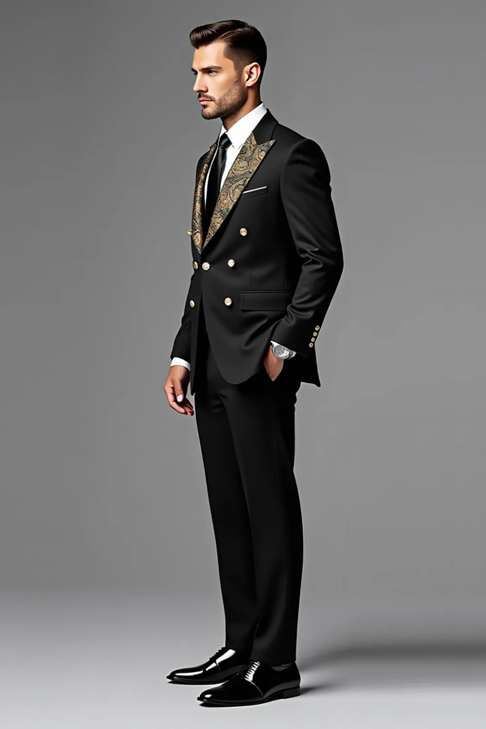 Black Single Breasted Peak lapel 2 Pieces Men's Prom Suits sold by Zapaka product image thumbnail 3