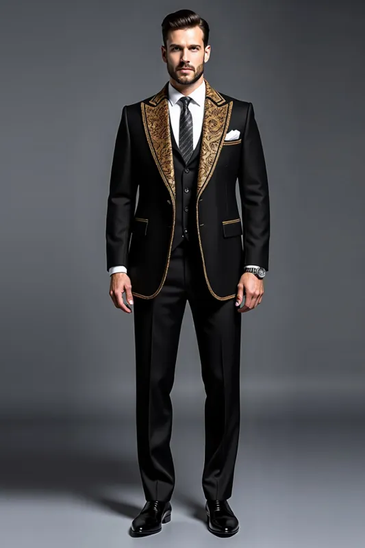 Black Golden Peak Lapel 3 Pieces Men's Prom Suits sold by Zapaka