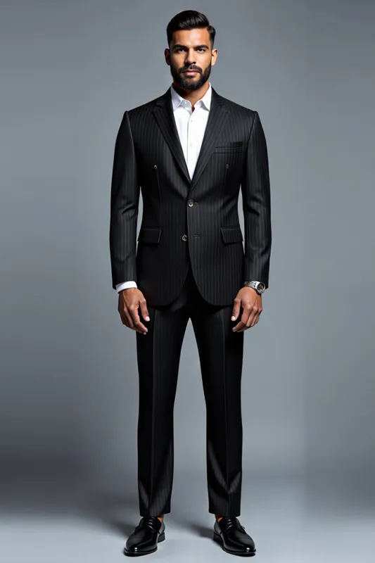 Black Notched Lapel Stripe 2 Piece Men's Party Suits sold by Zapaka