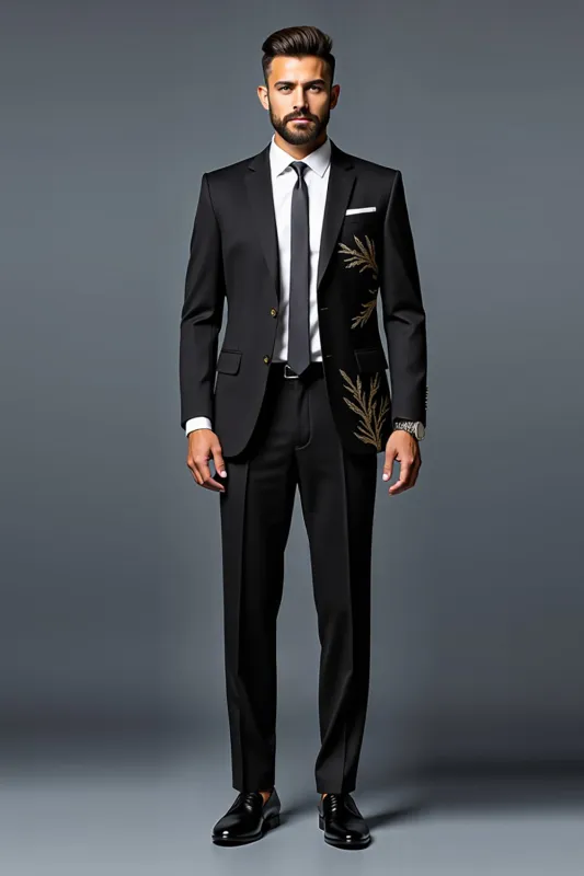 Black Slim Fit 2 Piece Single Breasted Men's Suit with Gold Embroidery sold by Zapaka