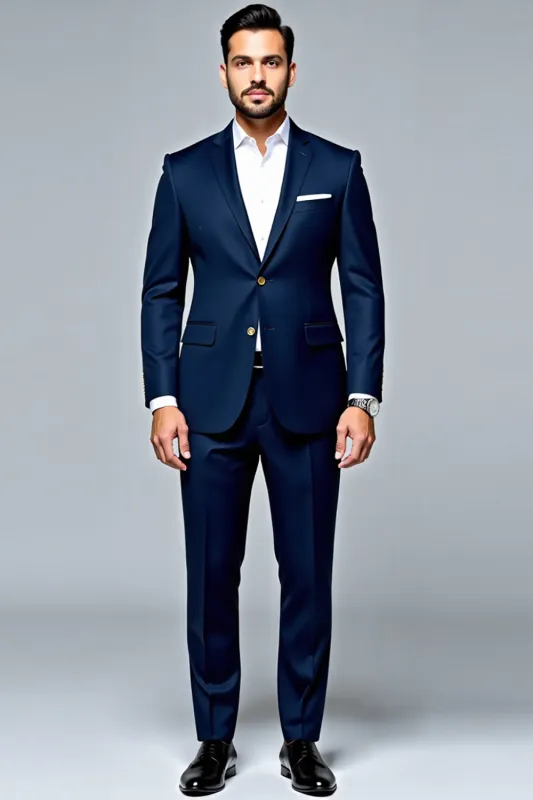 Dark Blue 2-pieces Single Breasted Lapel Slim-fit Men's Suit sold by Zapaka