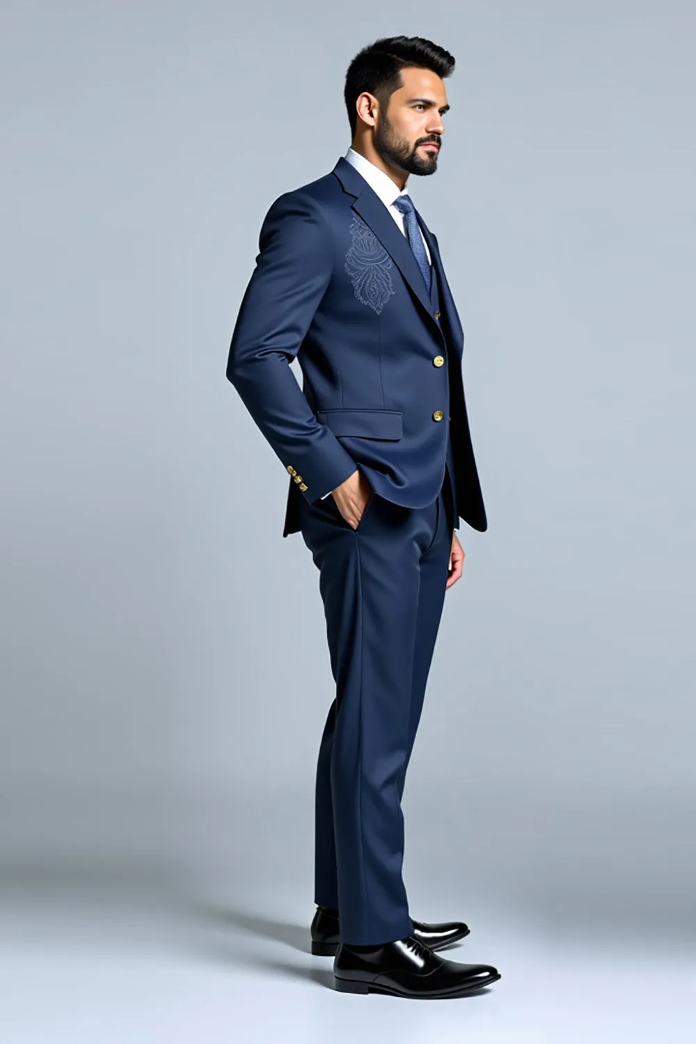 Dark Blue Double Breasted 3 Pieces Notched lapel Men's Prom Suits sold by Zapaka product image thumbnail 3