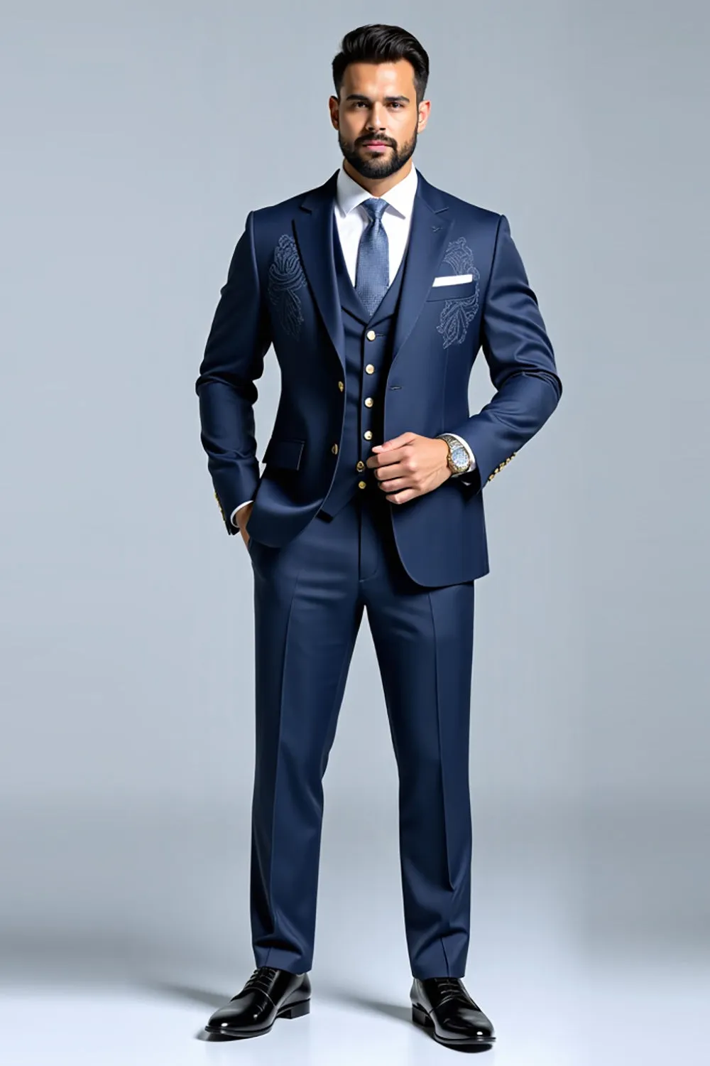 Dark Blue Double Breasted 3 Pieces Notched lapel Men's Prom Suits sold by Zapaka