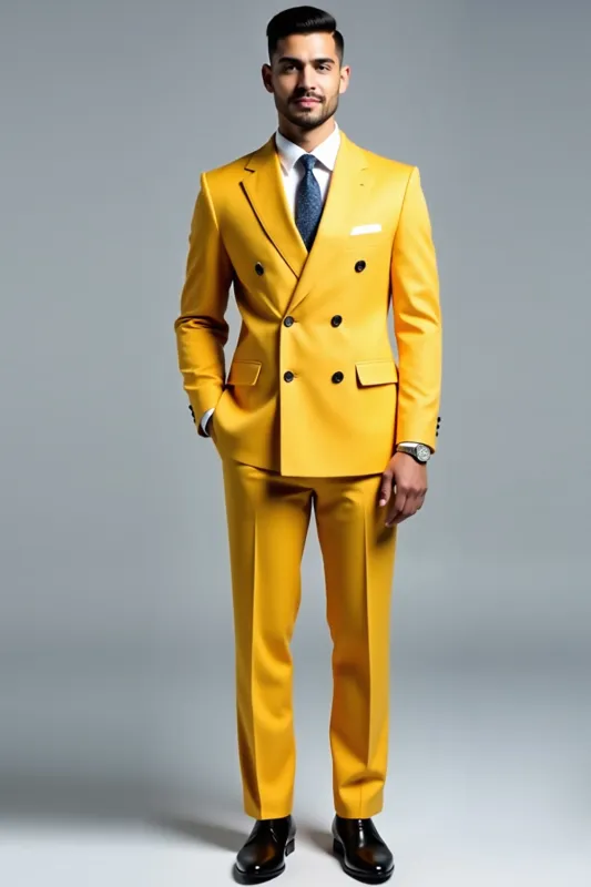Men's Yellow Double Breasted 2 Pieces Notched lapel Prom Suits sold by Zapaka