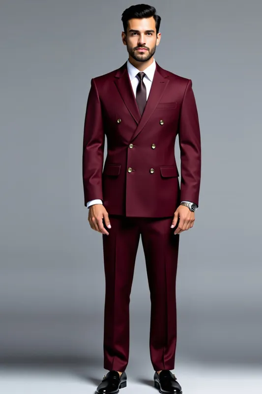 Burgundy Double Breasted Notched Lapel Men's Prom Suits sold by Zapaka
