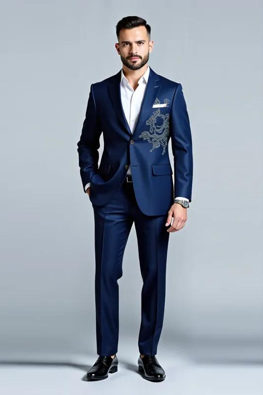 Dark Blue Notched Lapel Embroidery 2 Pieces Men's Suits sold by Zapaka