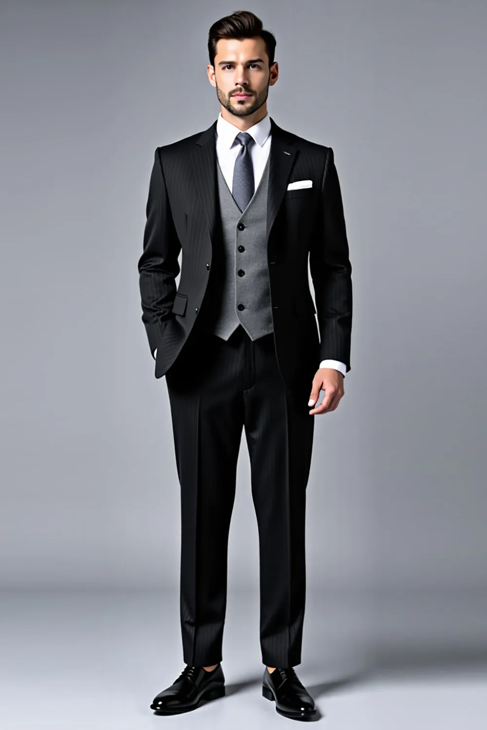 Black Notched Lapel 3 Pieces Stripe Men's Prom Suits sold by Zapaka