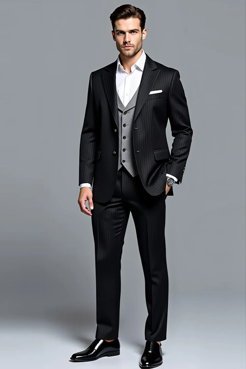 Black Peak Lapel Stripe 3 Pieces Men's Party Suits sold by Zapaka product image thumbnail 3