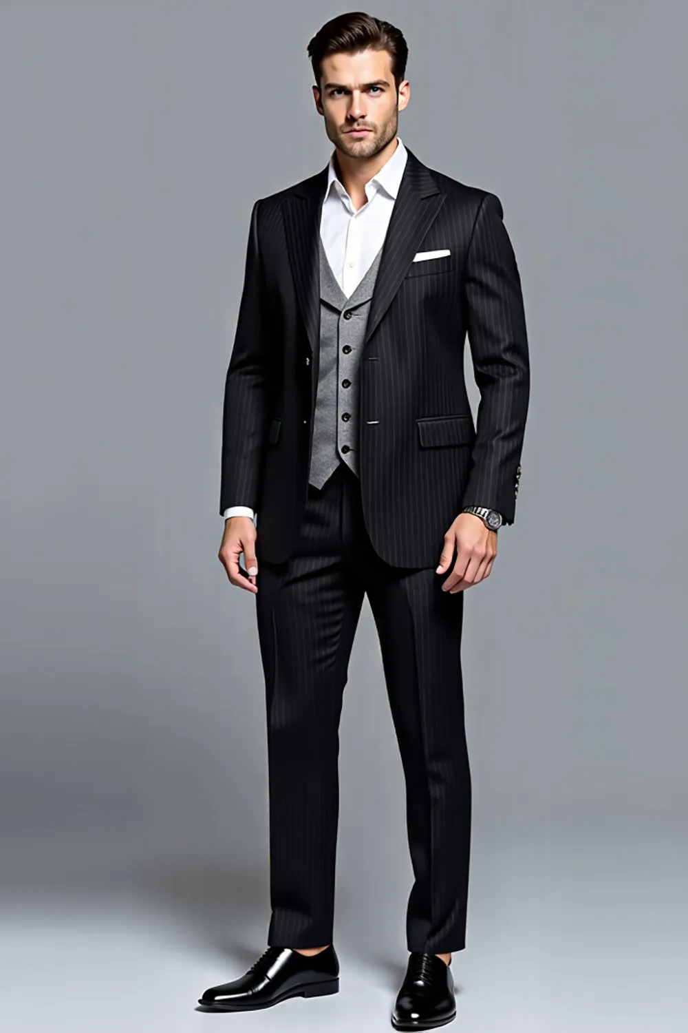 Black Peak Lapel Stripe 3 Pieces Men's Party Suits sold by Zapaka