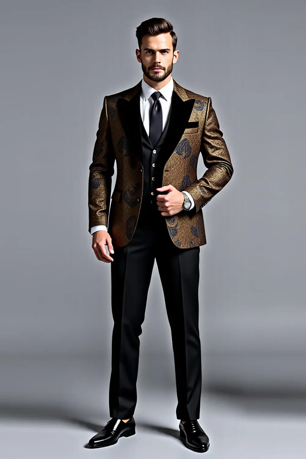 Black Golden Shawl Lapel Printed 3 Pieces Men's Suits sold by Zapaka product image thumbnail 3
