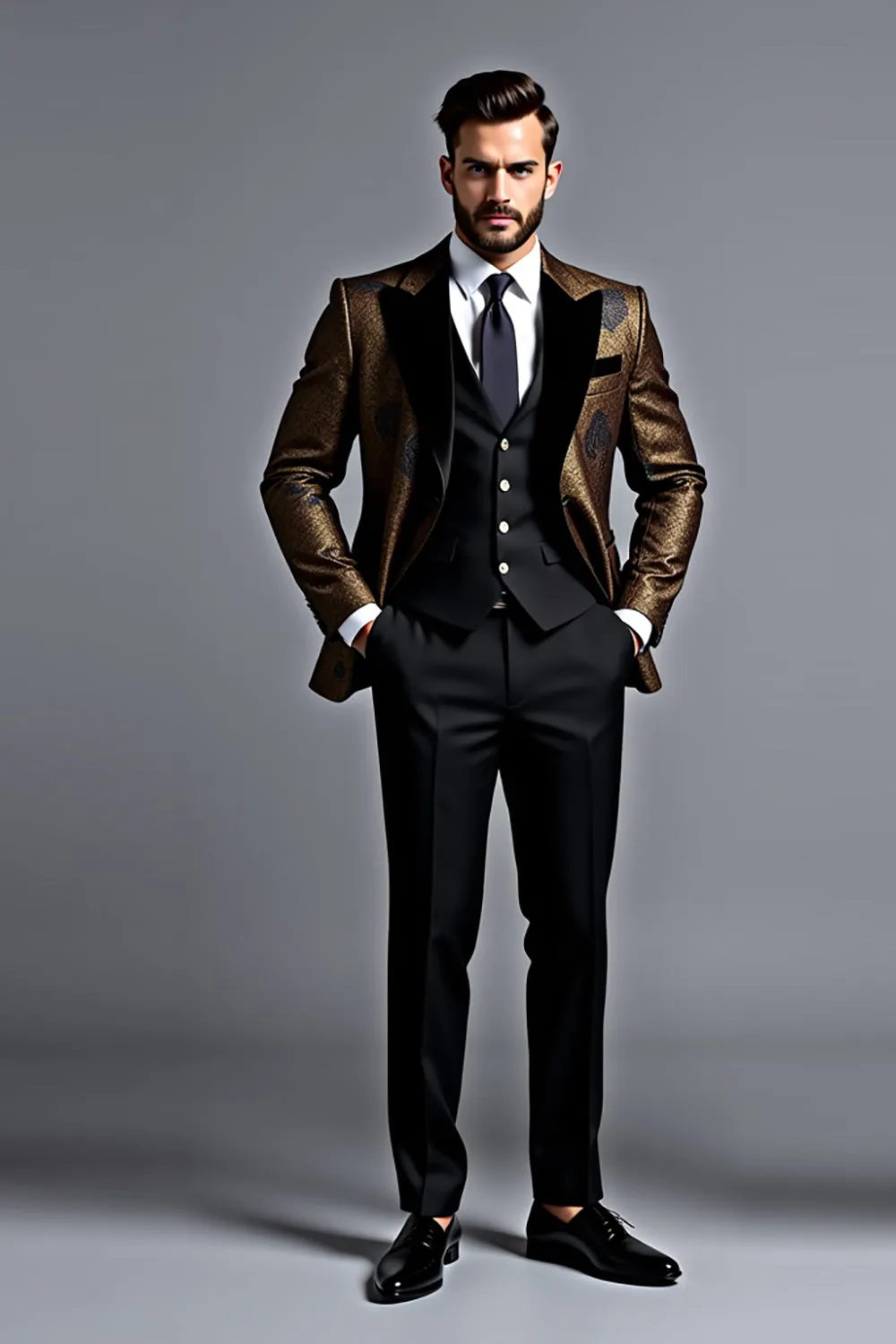 Black Golden Shawl Lapel Printed 3 Pieces Men's Suits sold by Zapaka