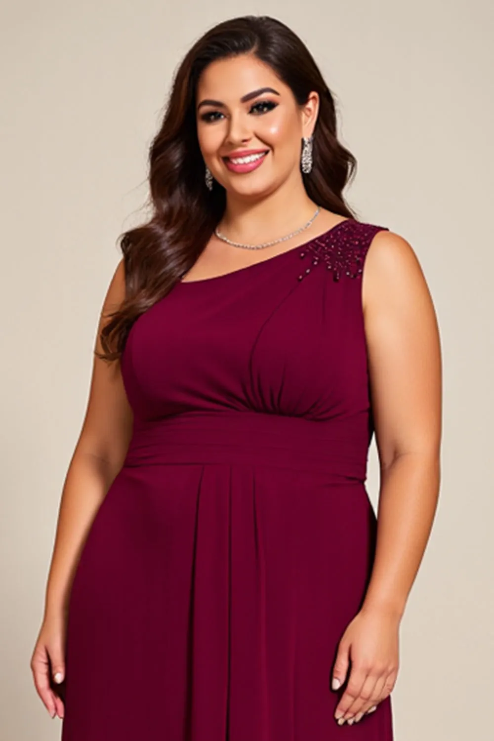 Burgundy A Line Chiffon One Shoulder Long Mother Of The Bride Dress sold by Zapaka product image thumbnail 4