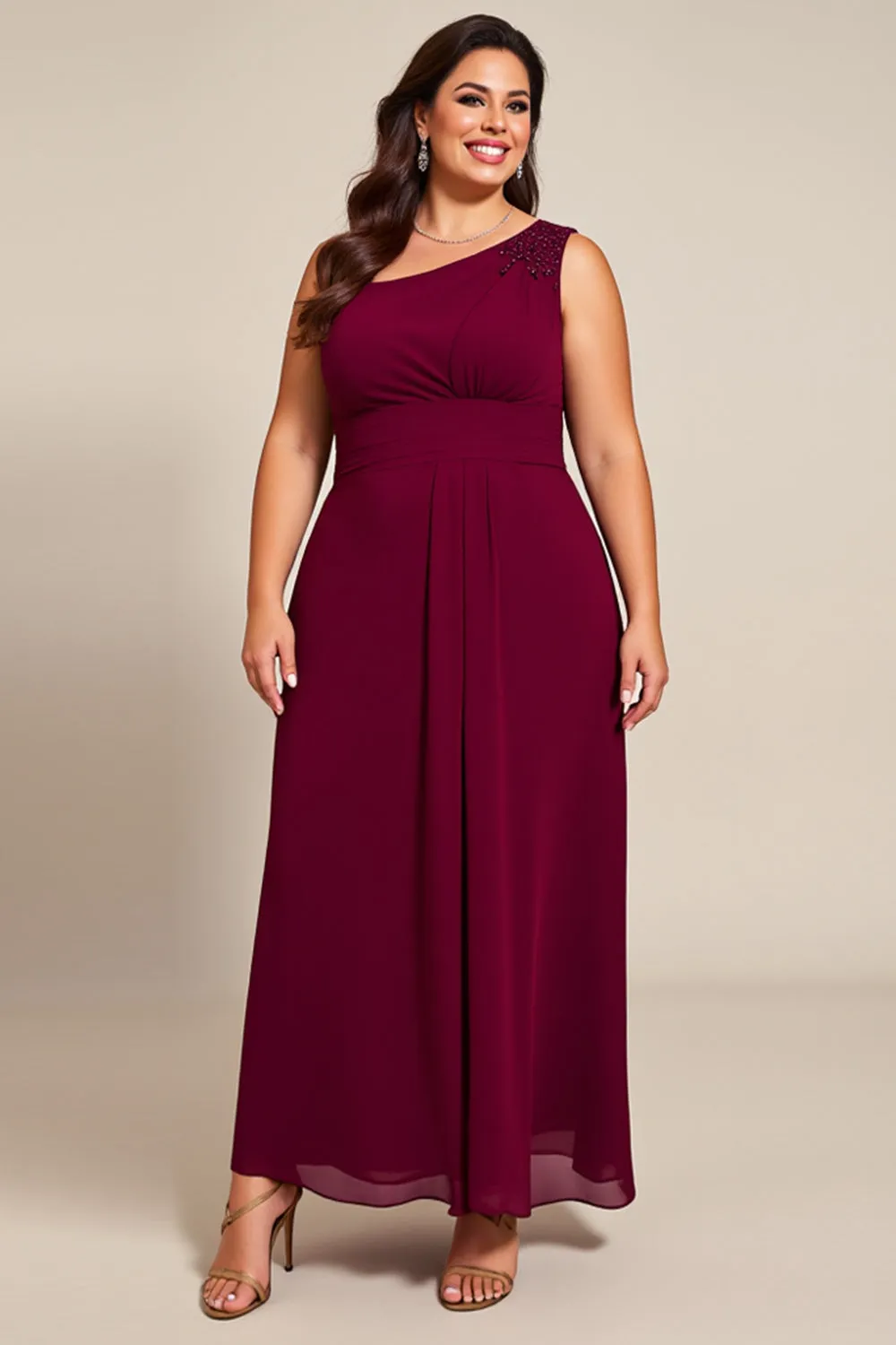 Burgundy A Line Chiffon One Shoulder Long Mother Of The Bride Dress sold by Zapaka