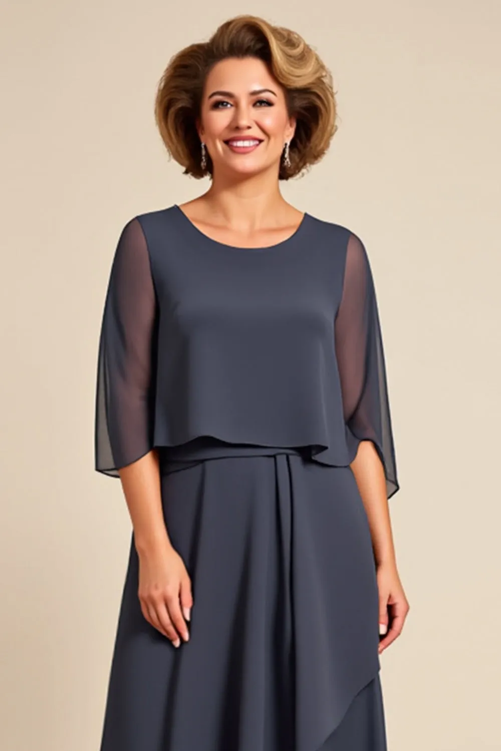 Steel Grey Sheath Scoop Ruffle Chiffon Tea Length Mother of the Bride Dress sold by Zapaka product image thumbnail 2