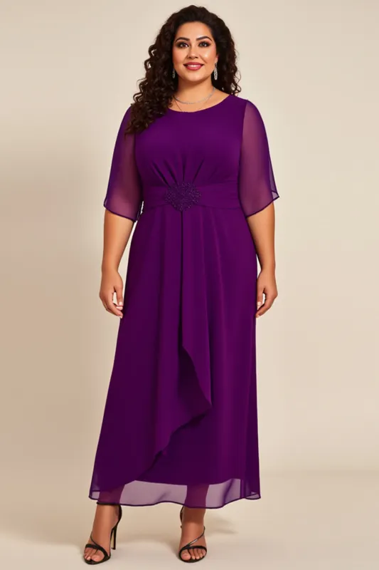 Plus Size Purple Chiifon Round Neck Long Mother Of The Bride Dress with Half Sleeves sold by Zapaka