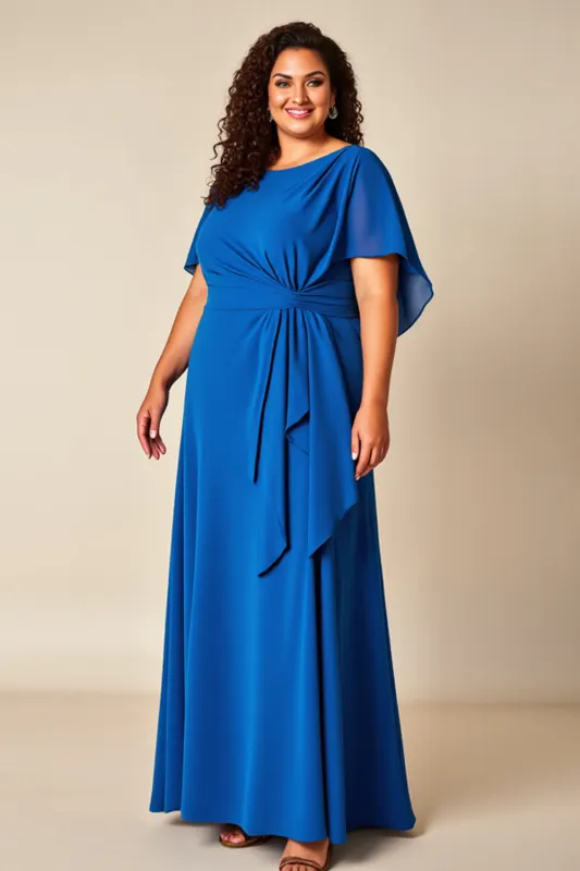 Royal Blue Chiffon Long Plus Size Mother Of The Bride Dress with Short Sleeves sold by Zapaka