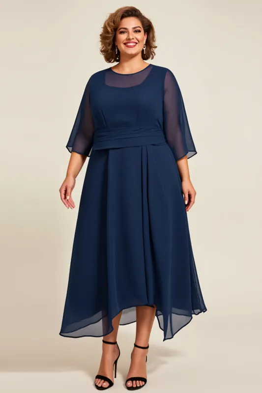 Navy Chiffon A Line Plus Size Mother Of Bride Dress with 3/4 Sleeves sold by Zapaka