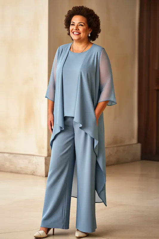 Dusty Blue Chiffon Plus Size Mother Of The Bride Pantsuits sold by Zapaka