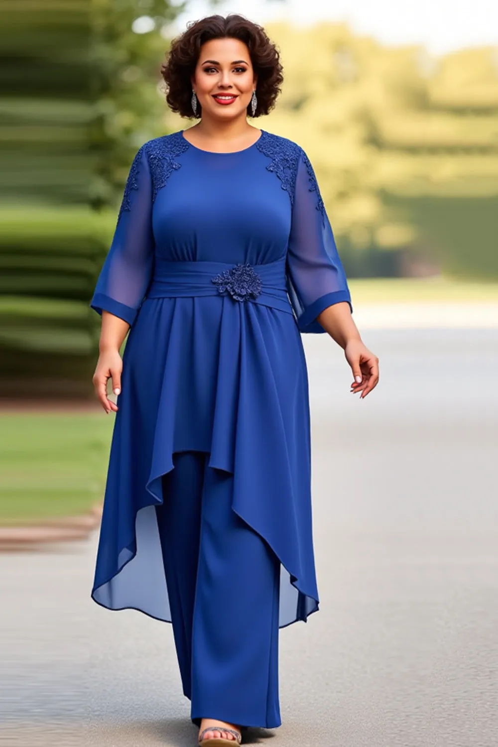 Royal Blue 2-Pieces Chiffon Plus Size Mother Of The Bride Pantsuits with 3/4 Sleeves sold by Zapaka product image thumbnail 3