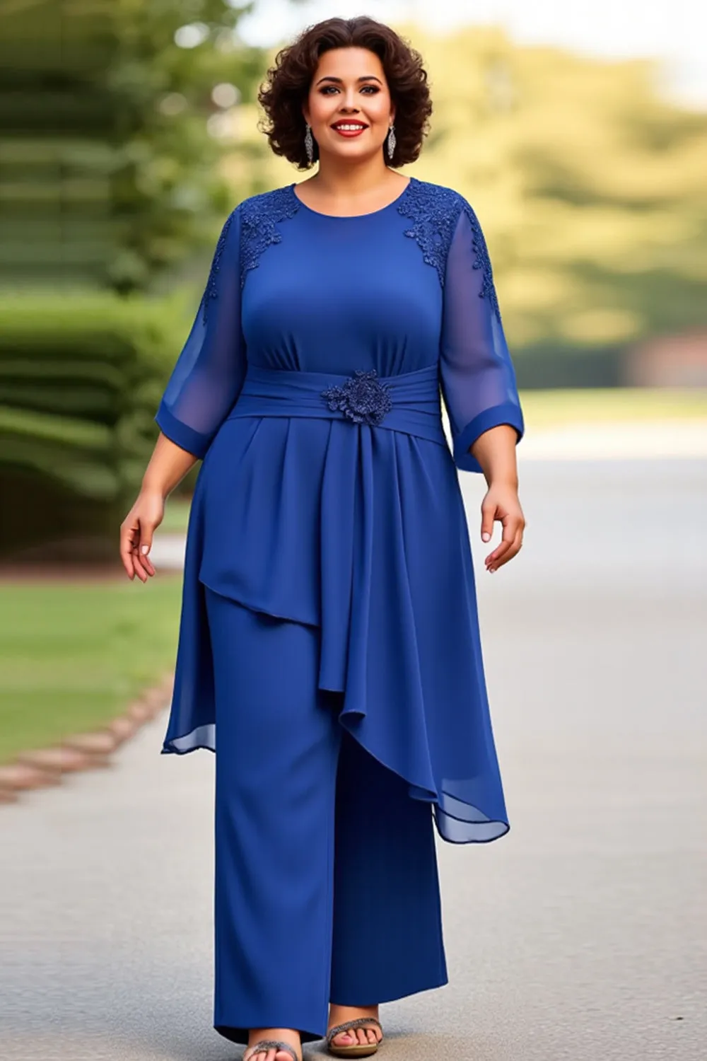 Royal Blue 2-Pieces Chiffon Plus Size Mother Of The Bride Pantsuits with 3/4 Sleeves sold by Zapaka