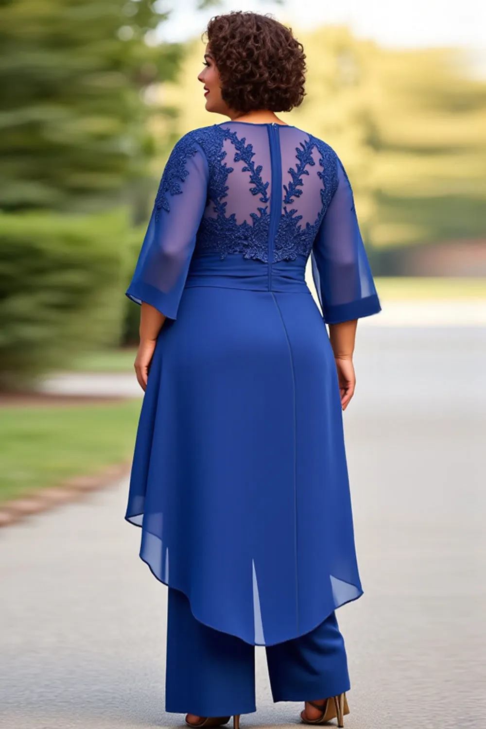 Royal Blue 2-Pieces Chiffon Plus Size Mother Of The Bride Pantsuits with 3/4 Sleeves sold by Zapaka product image thumbnail 2