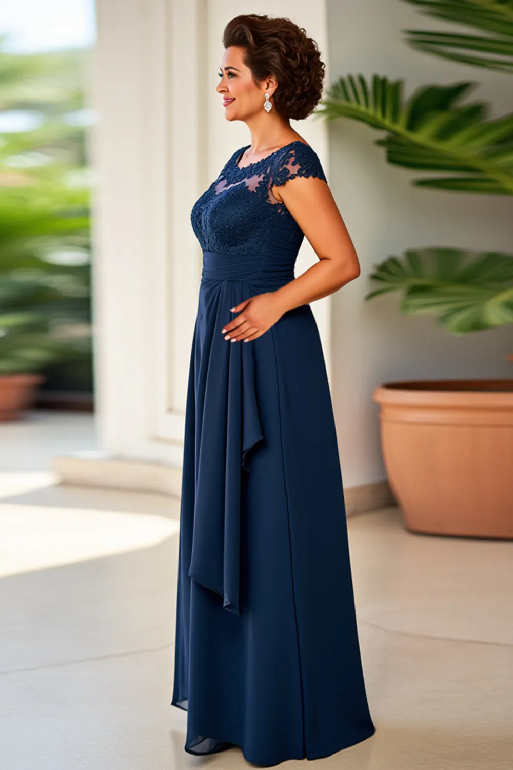 Navy Sheath Scoop Neck Ruffle Long Mother of the Bride Dress with Lace sold by Zapaka product image thumbnail 3