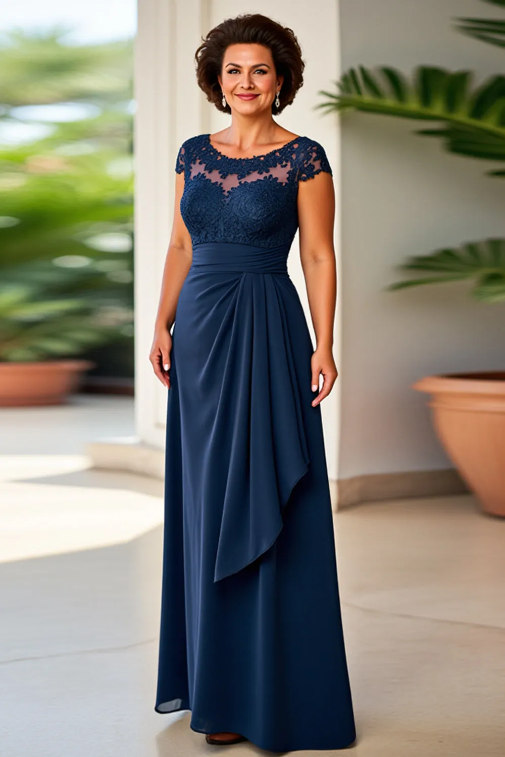 Navy Sheath Scoop Neck Ruffle Long Mother of the Bride Dress with Lace sold by Zapaka