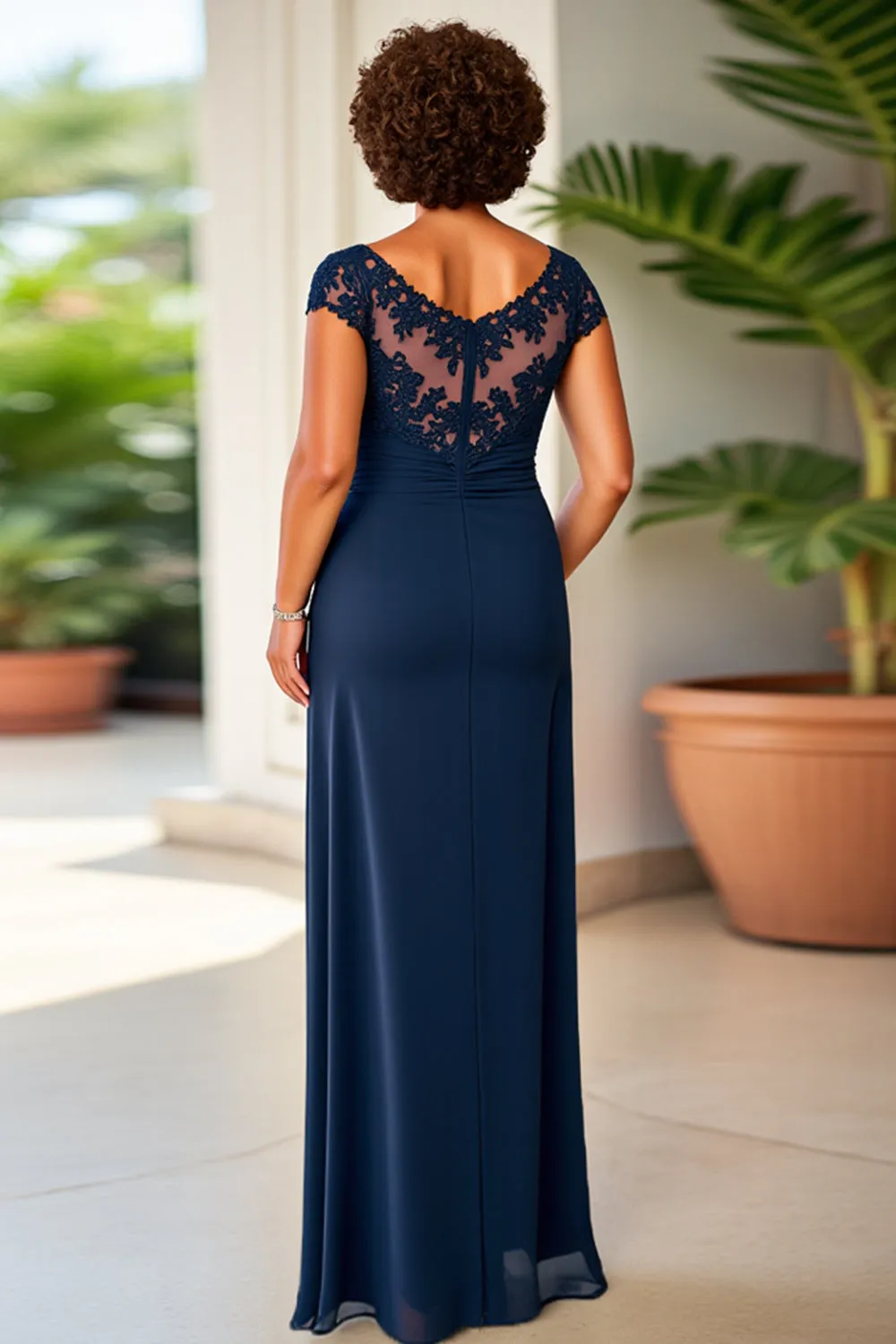 Navy Sheath Scoop Neck Ruffle Long Mother of the Bride Dress with Lace sold by Zapaka product image thumbnail 2