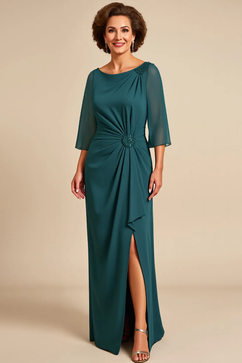 Peacock Sheath Scoop 3/4 Sleeves Long Mother of the Bride Dress with Slit sold by Zapaka product image thumbnail 3