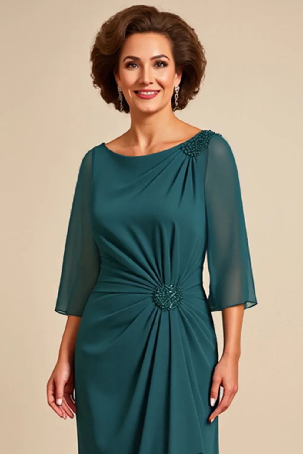 Peacock Sheath Scoop 3/4 Sleeves Long Mother of the Bride Dress with Slit sold by Zapaka product image thumbnail 4