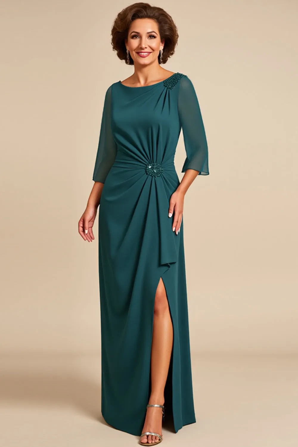 Peacock Sheath Scoop 3/4 Sleeves Long Mother of the Bride Dress with Slit sold by Zapaka
