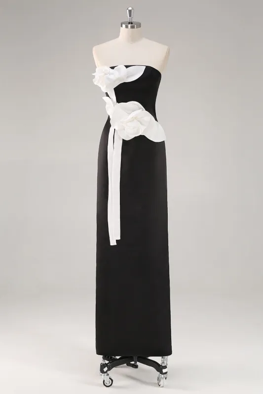 Black Sheath Strapless Wedding Guest Dress with 3D Flowers sold by Zapaka