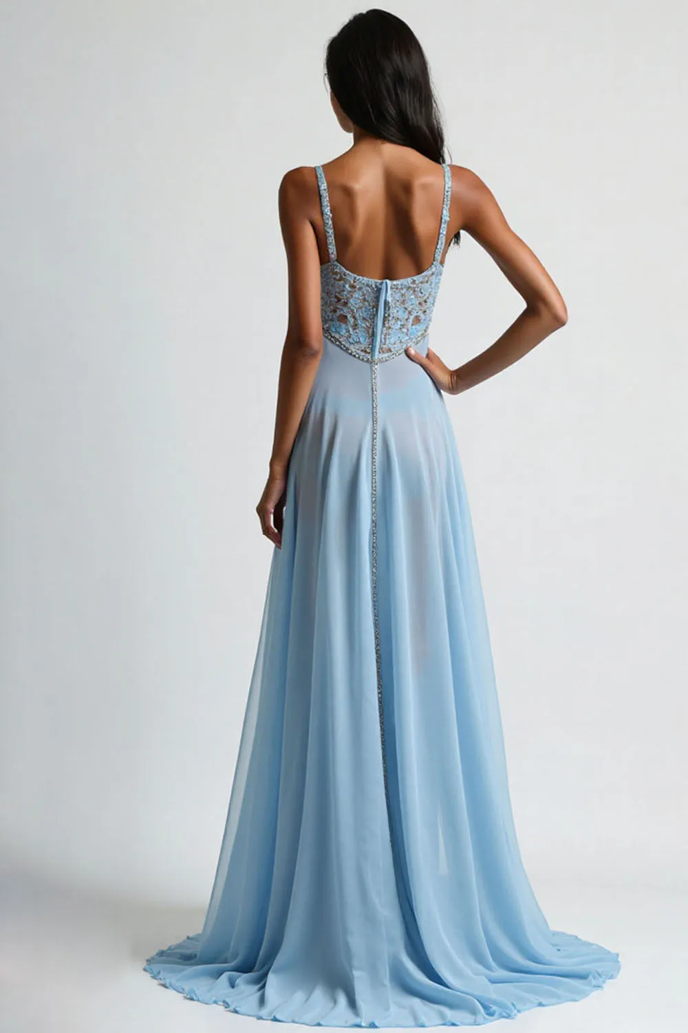 Light Blue Corset Spaghetti Straps A Line Floor Length Prom Dress sold by Zapaka product image thumbnail 2