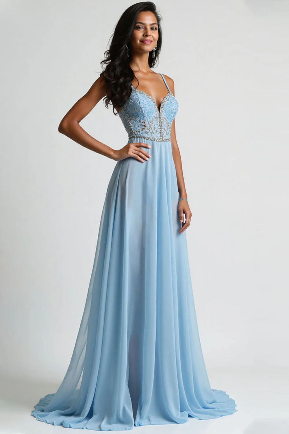 Light Blue Corset Spaghetti Straps A Line Floor Length Prom Dress sold by Zapaka
