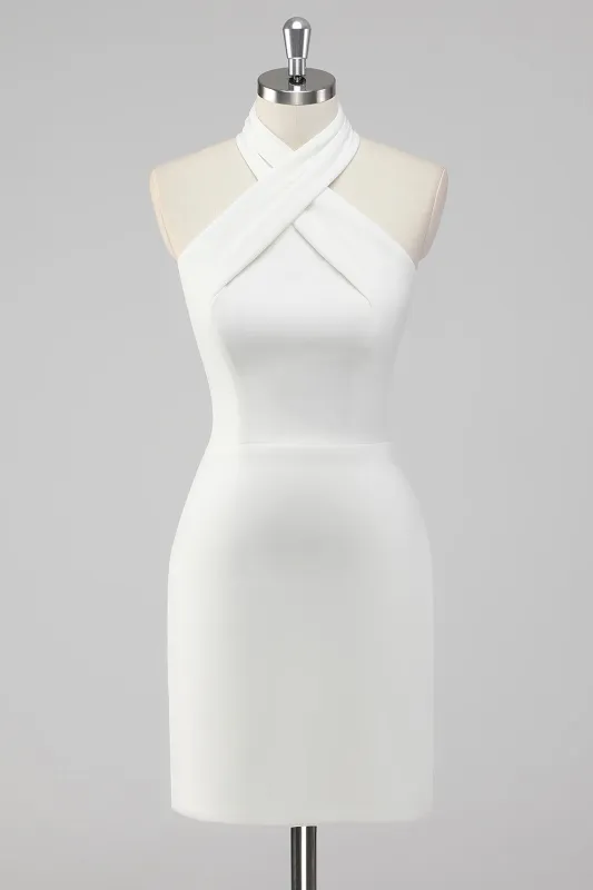 A-Line Halter Neck Satin Little White Graduation Dress sold by Zapaka