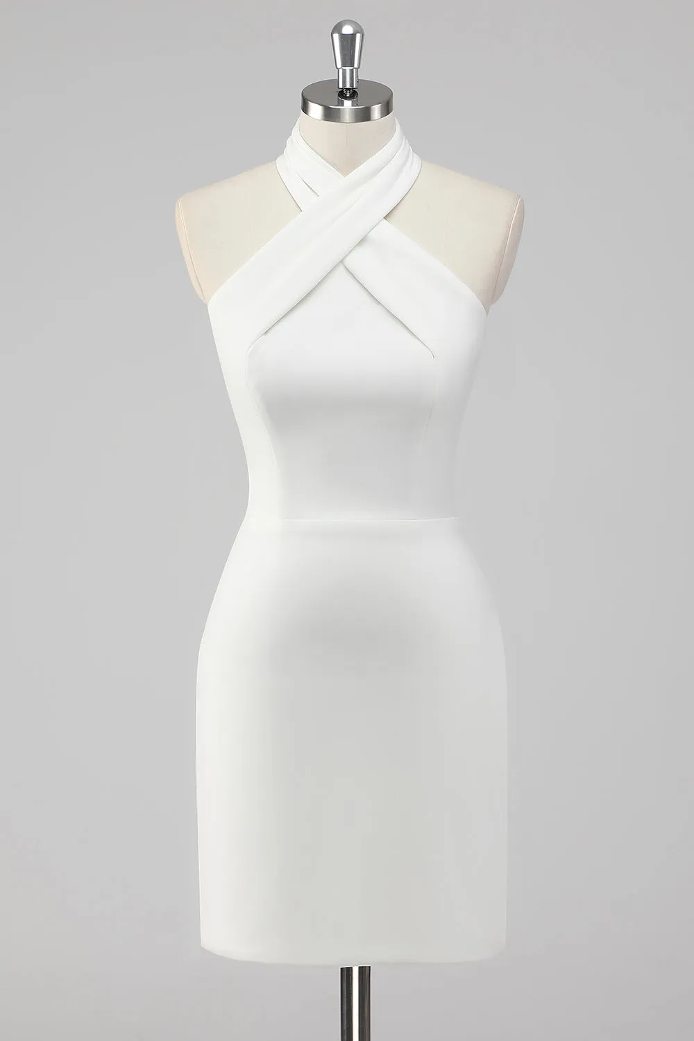 A-Line Halter Neck Satin Little White Graduation Dress sold by Zapaka